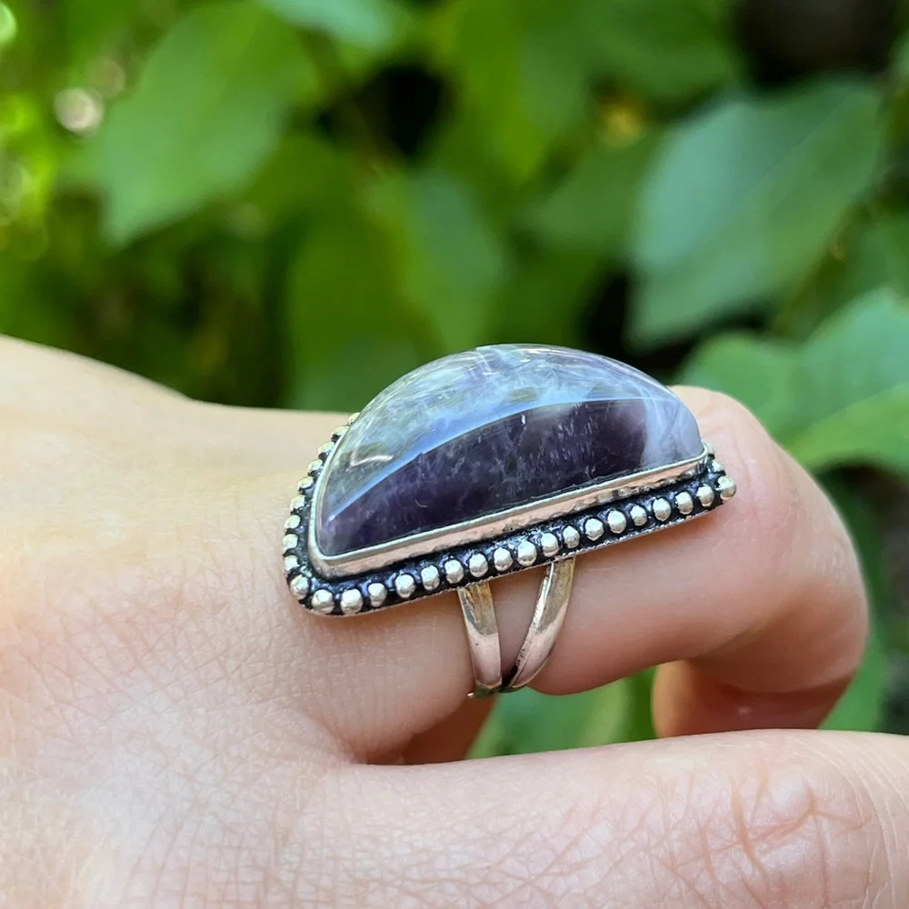 Size 6.75 925 silver plated half‎ moon amethyst ring